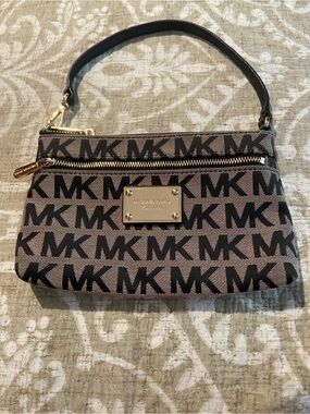 Michael Kors Black and Tan MK Logo Wristlet